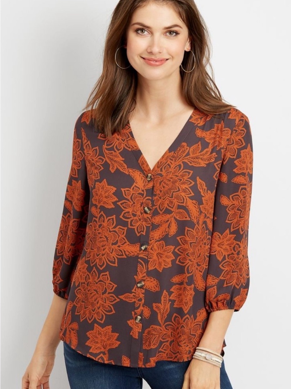 Maurices Women's Charcoal & Batik Orange Floral V-Neck Button Front Blouse Sz S